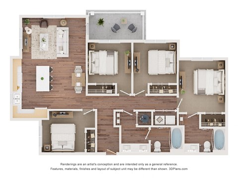 Floor plan for 4 beds, 2 baths, 1359 sqft